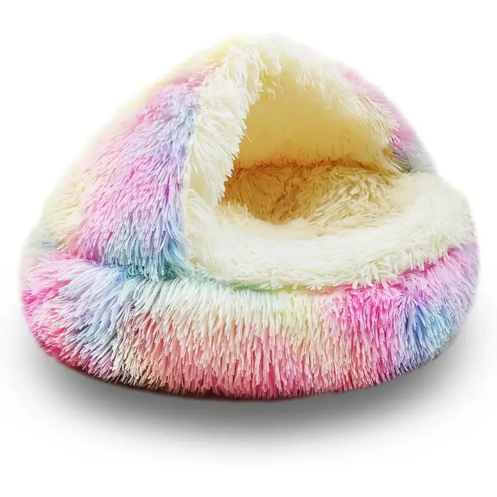ShinHye Cat Bed Round Plush Fluffy Hooded Cat Bed